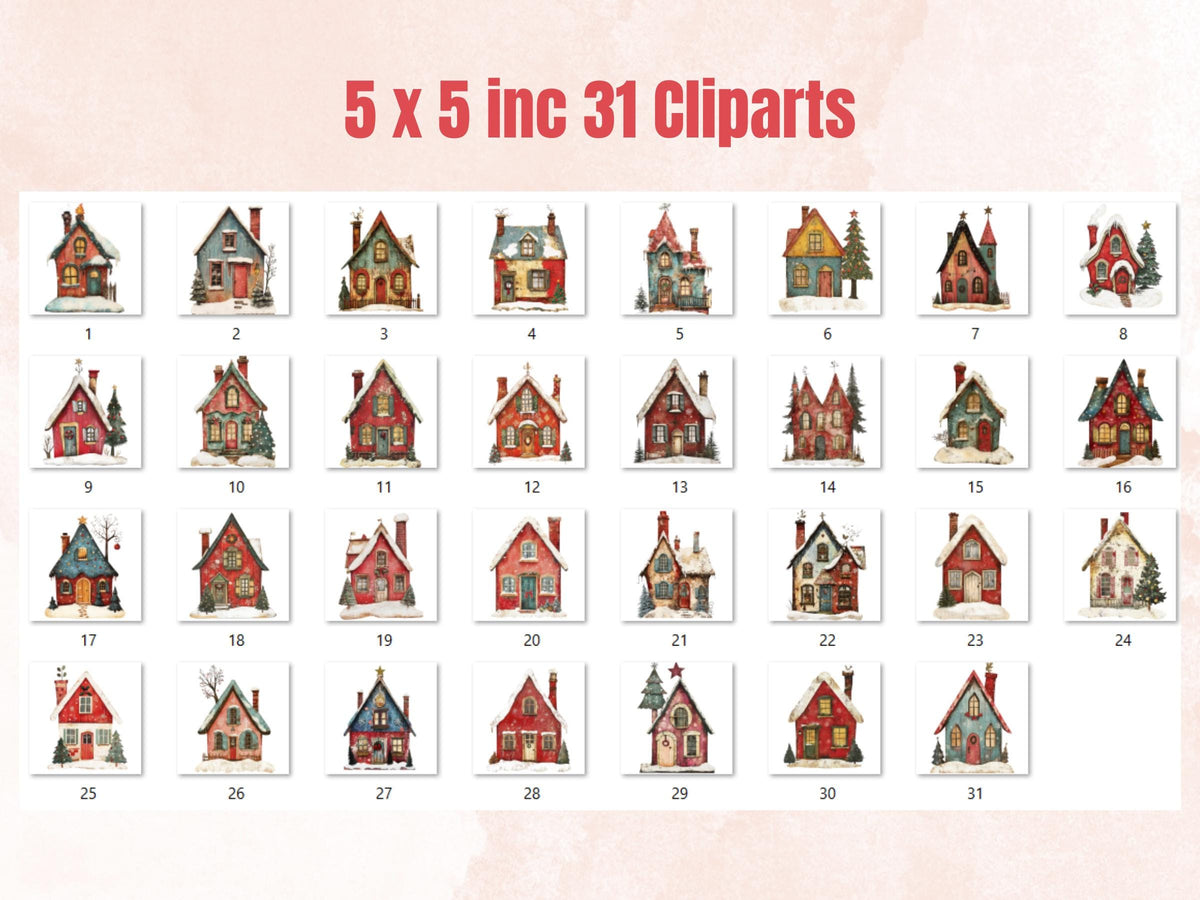 Christmas House Clipart: Whimsical Holiday PNG & JPG, Fussy Cut Sheets (Digital Download)
