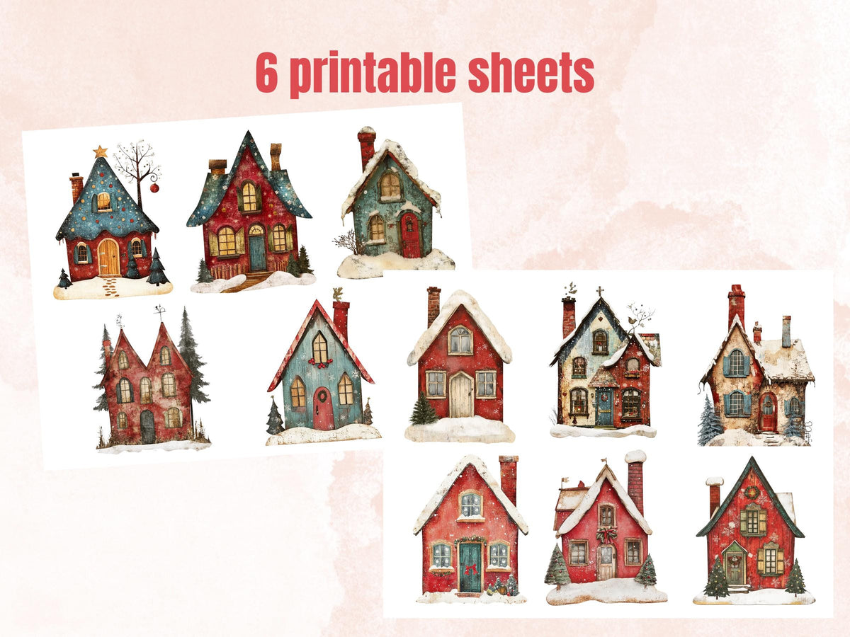 Christmas House Clipart: Whimsical Holiday PNG & JPG, Fussy Cut Sheets (Digital Download)