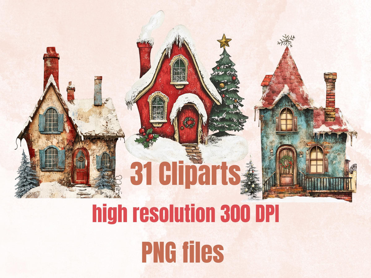 Christmas House Clipart: Whimsical Holiday PNG & JPG, Fussy Cut Sheets (Digital Download)