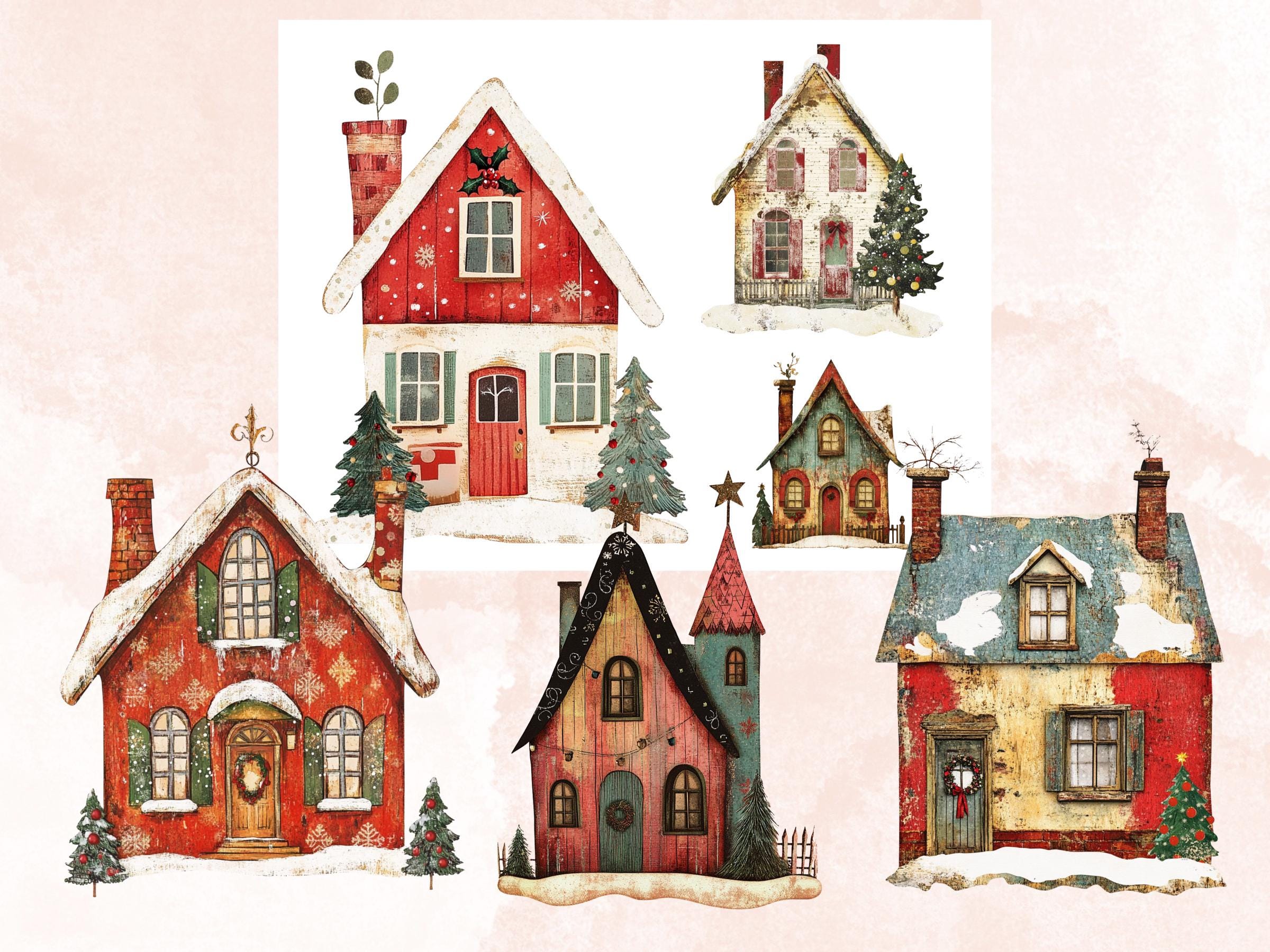 Christmas House Clipart: Whimsical Holiday PNG & JPG, Fussy Cut Sheets (Digital Download)