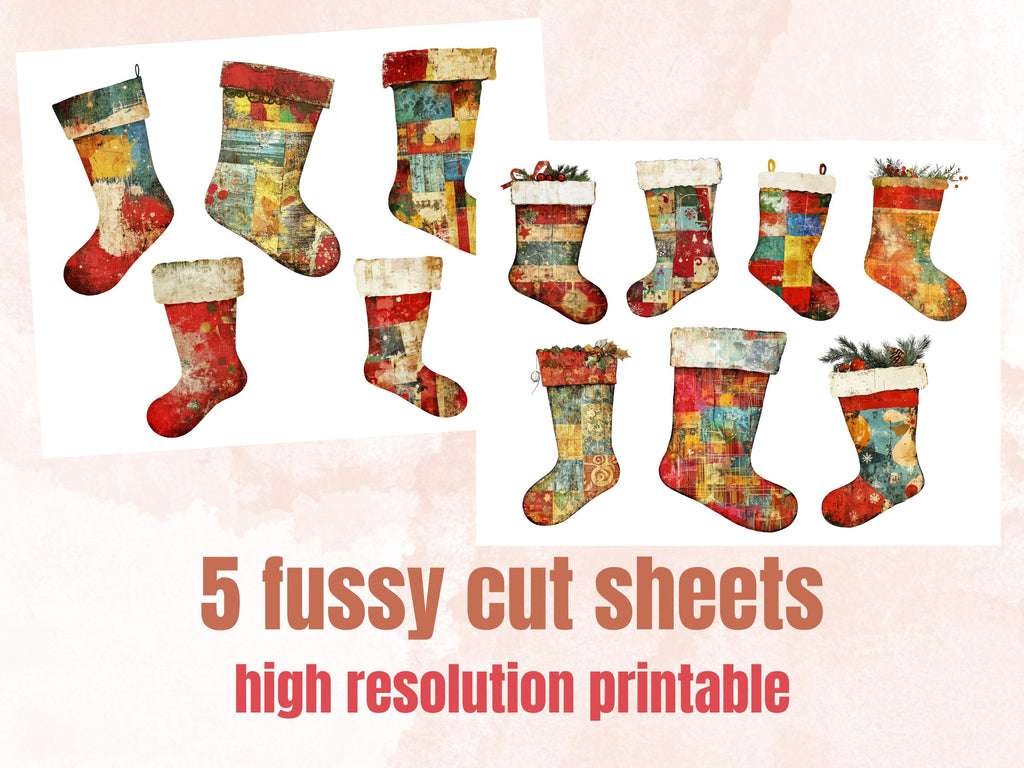 Christmas Socks Mixed Media Clipart, Retro Xmas Socks Fussy Cut Collage Sheet, Ornaments Cut Out Ephemera, PNG + JPG for Scrapbooking
