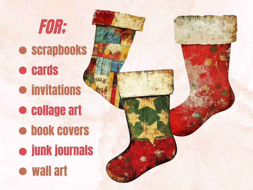 Christmas Socks Mixed Media Clipart, Retro Xmas Socks Fussy Cut Collage Sheet, Ornaments Cut Out Ephemera, PNG + JPG for Scrapbooking