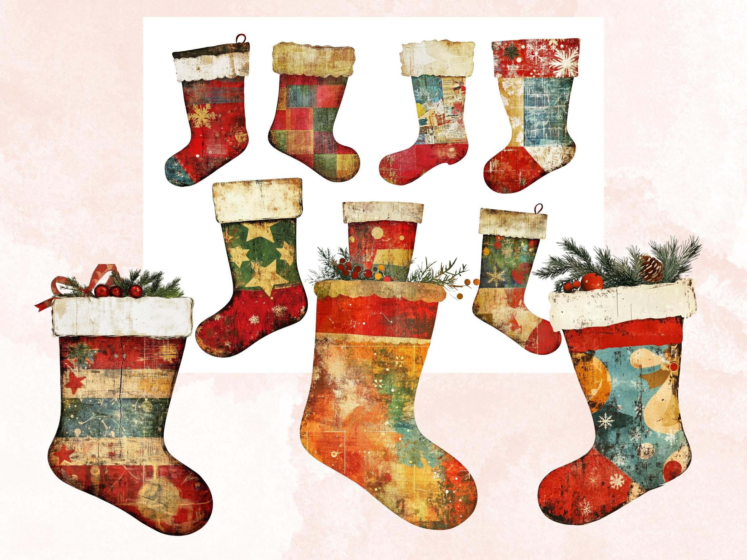 Christmas Socks Mixed Media Clipart, Retro Xmas Socks Fussy Cut Collage Sheet, Ornaments Cut Out Ephemera, PNG + JPG for Scrapbooking