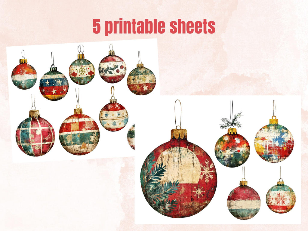 Christmas Ornaments Mixed Media Clipart, Retro Xmas Holiday Fussy Cut Collage Sheet, Ornaments Cut Out Ephemera, PNG + JPG for Scrapbooking