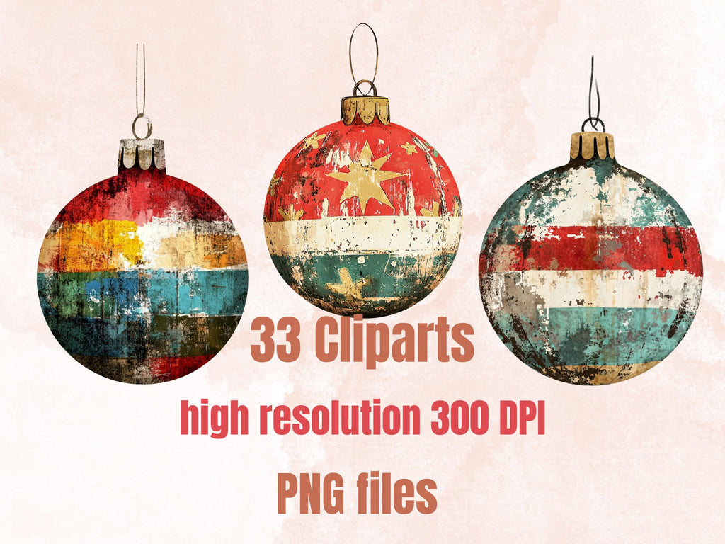 Christmas Ornaments Mixed Media Clipart, Retro Xmas Holiday Fussy Cut Collage Sheet, Ornaments Cut Out Ephemera, PNG + JPG for Scrapbooking