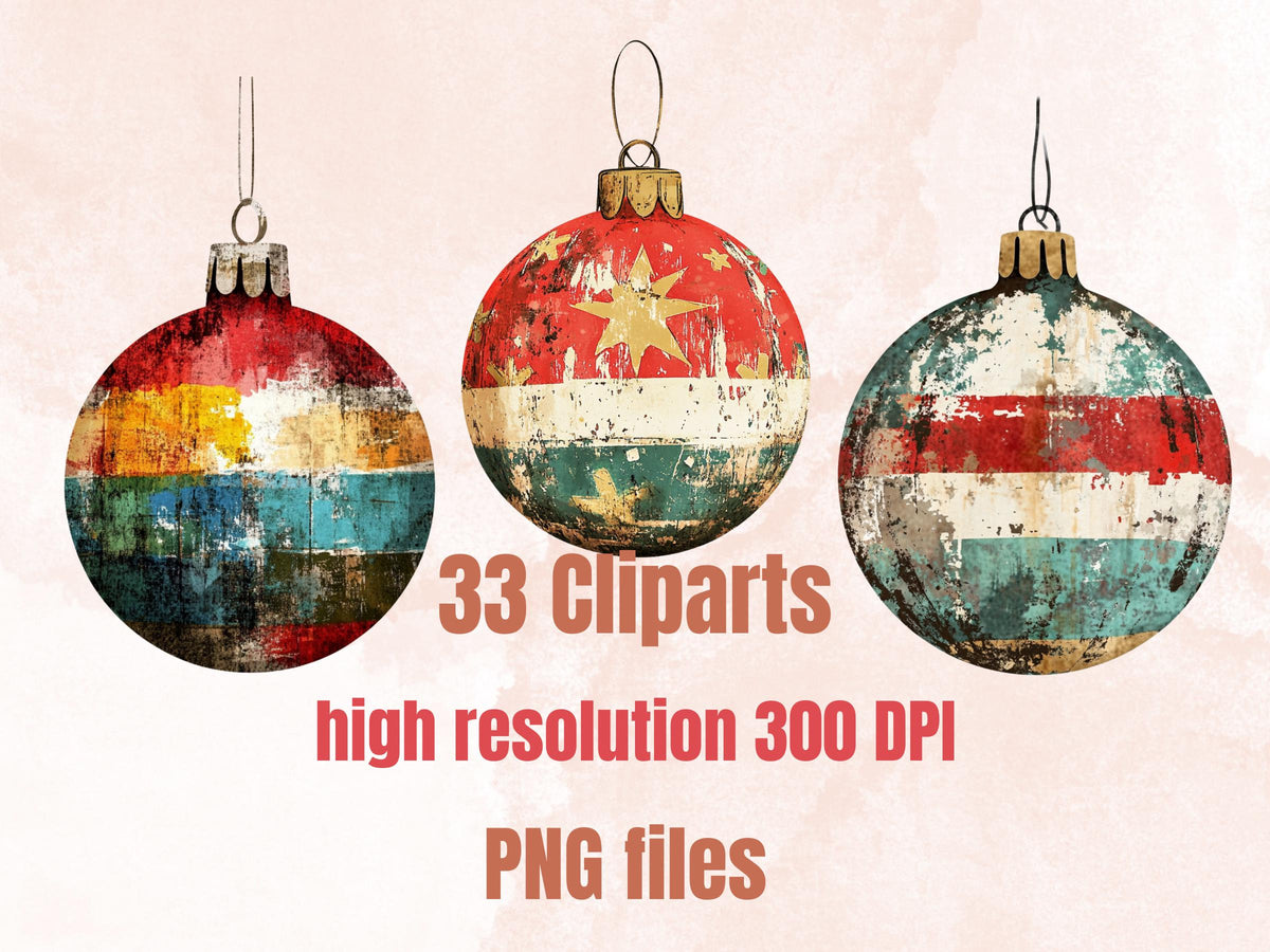 Christmas Ornaments Mixed Media Clipart, Retro Xmas Holiday Fussy Cut Collage Sheet, Ornaments Cut Out Ephemera, PNG + JPG for Scrapbooking