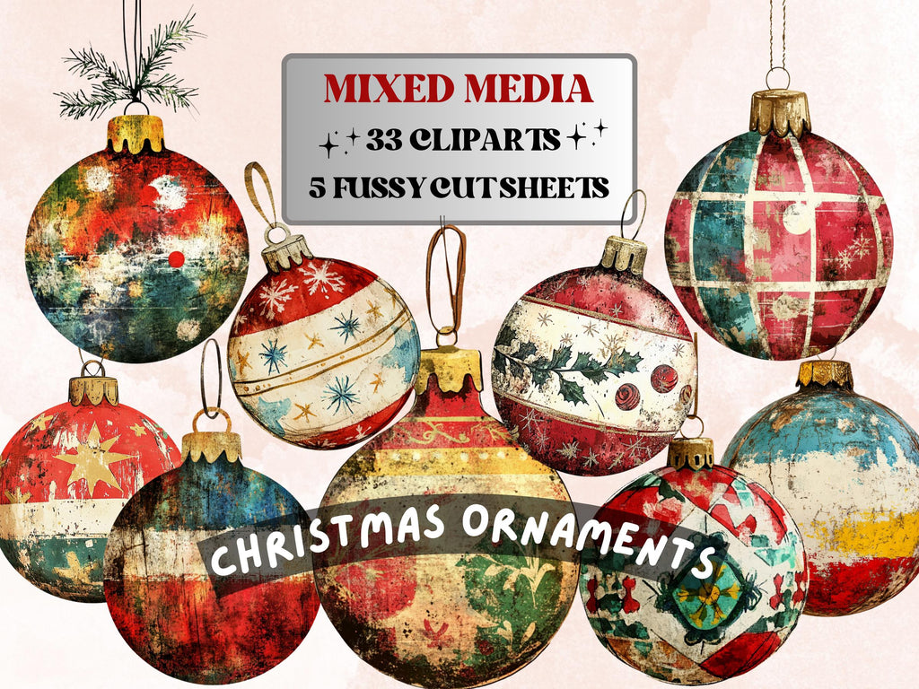 Christmas Ornaments Mixed Media Clipart, Retro Xmas Holiday Fussy Cut Collage Sheet, Ornaments Cut Out Ephemera, PNG + JPG for Scrapbooking