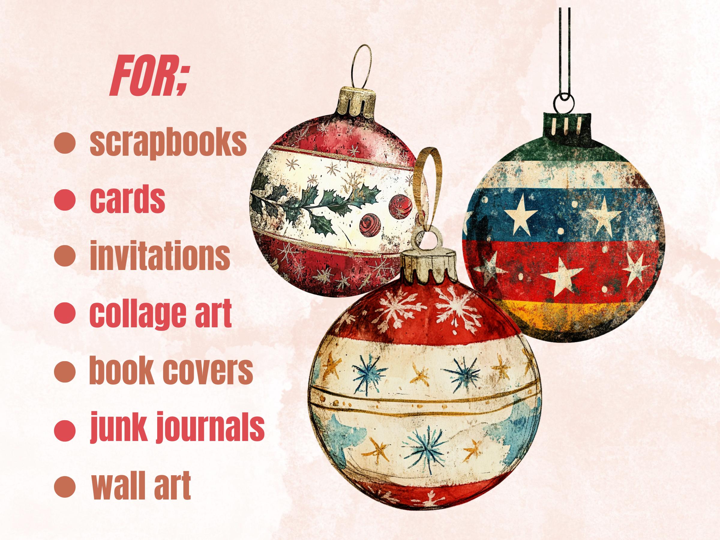 Christmas Ornaments Mixed Media Clipart, Retro Xmas Holiday Fussy Cut Collage Sheet, Ornaments Cut Out Ephemera, PNG + JPG for Scrapbooking