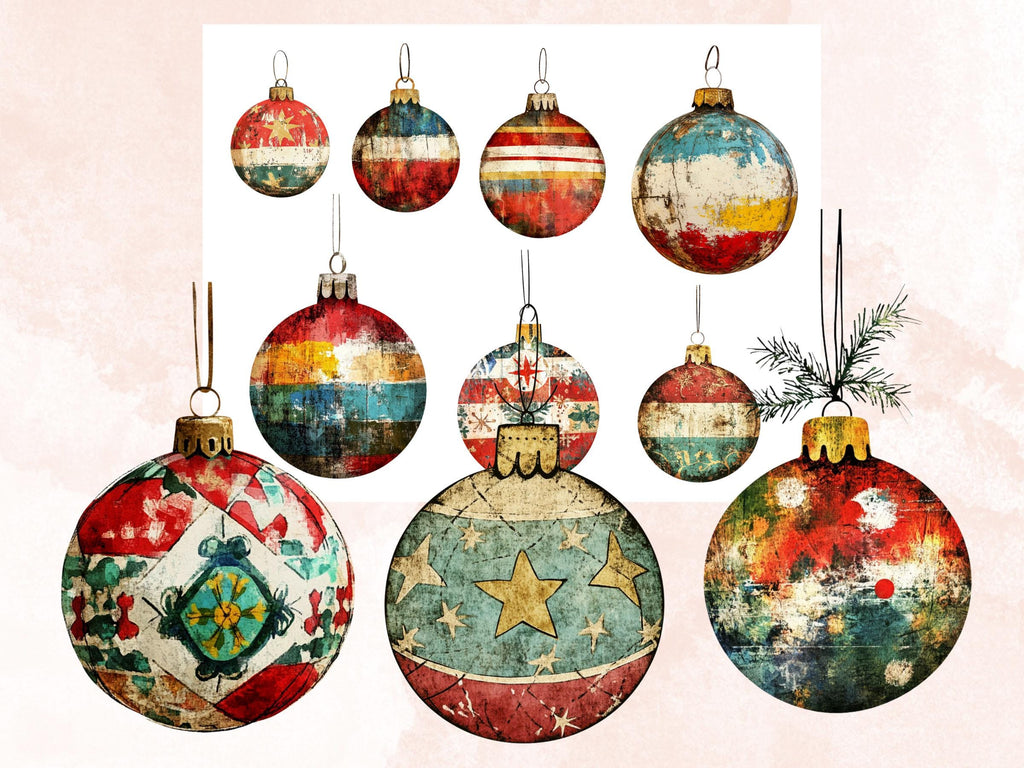 Christmas Ornaments Mixed Media Clipart, Retro Xmas Holiday Fussy Cut Collage Sheet, Ornaments Cut Out Ephemera, PNG + JPG for Scrapbooking