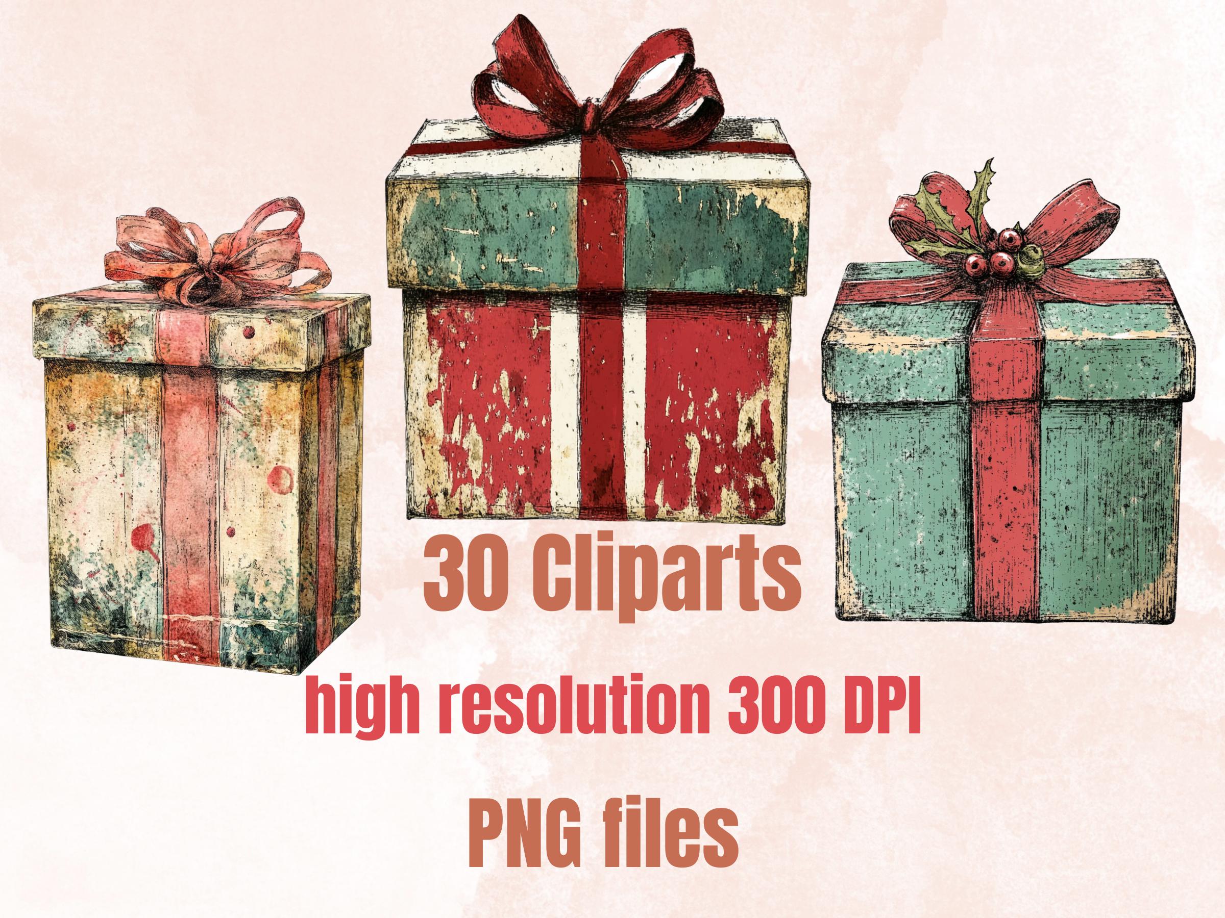 Christmas Gift Box Mixed Media Clipart, Retro Xmas Gifts Fussy Cut Collage Sheet, Ornaments Cut Out Ephemera, PNG + JPG for Scrapbooking