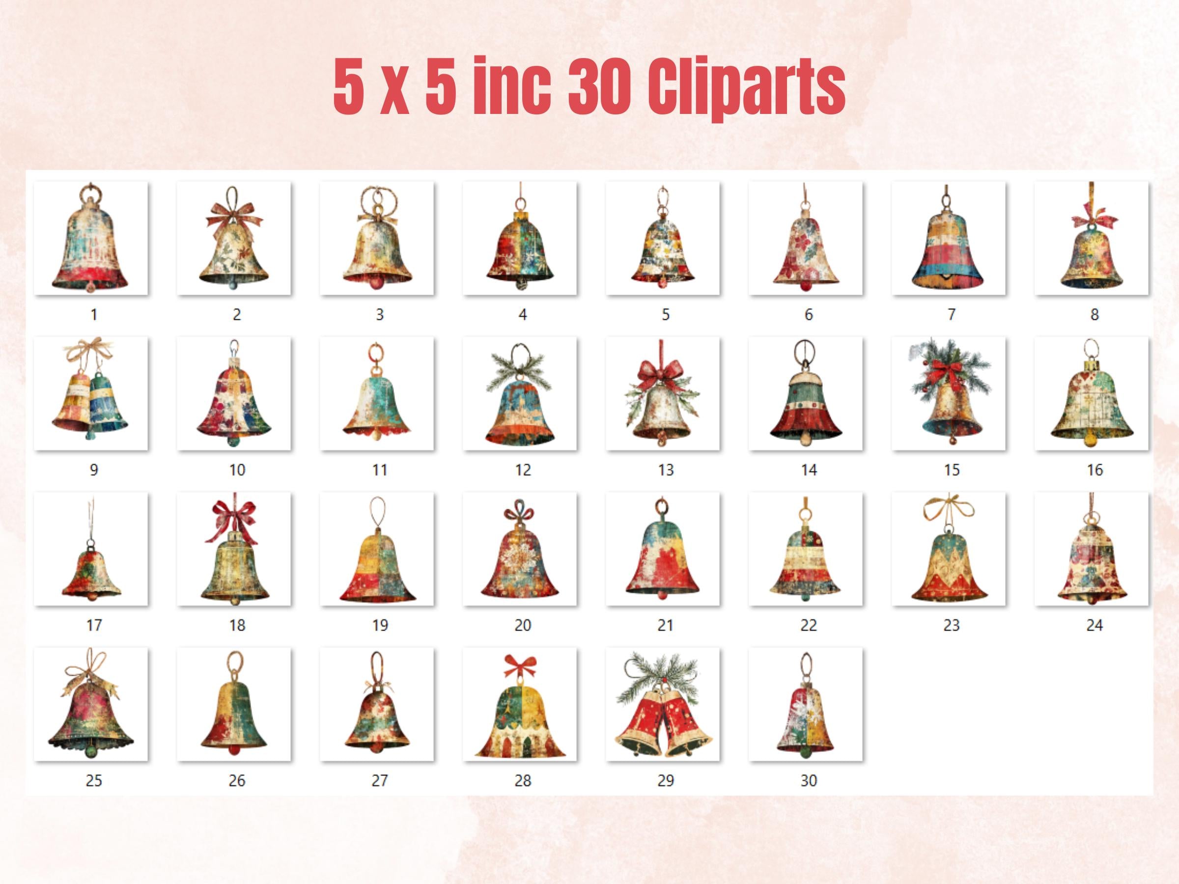 Christmas Bells Mixed Media Clipart, Retro Xmas Bells Fussy Cut Collage Sheet, Ornaments Cut Out Ephemera, PNG + JPG for Scrapbooking