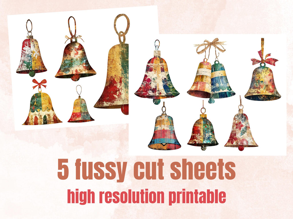Christmas Bells Mixed Media Clipart, Retro Xmas Bells Fussy Cut Collage Sheet, Ornaments Cut Out Ephemera, PNG + JPG for Scrapbooking