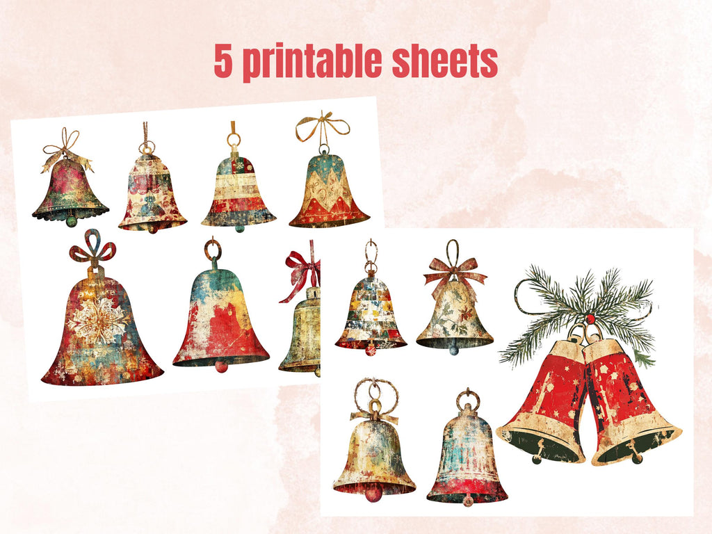 Christmas Bells Mixed Media Clipart, Retro Xmas Bells Fussy Cut Collage Sheet, Ornaments Cut Out Ephemera, PNG + JPG for Scrapbooking