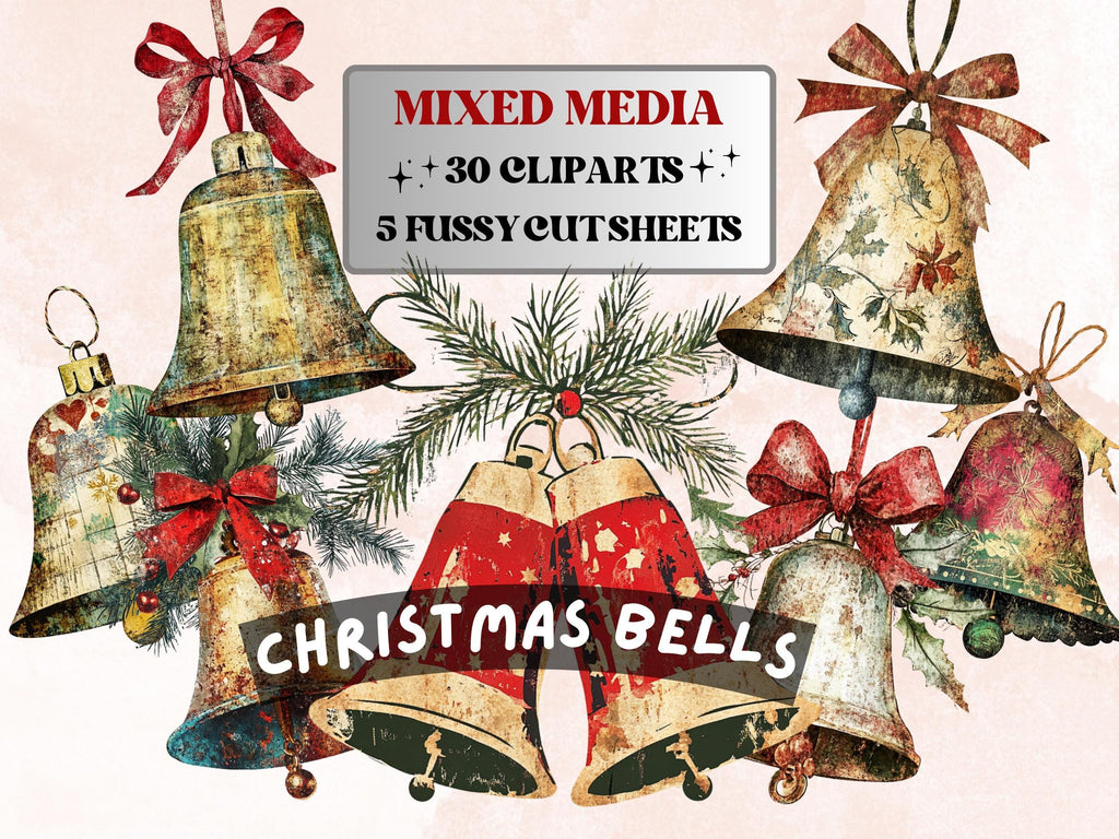 Christmas Bells Mixed Media Clipart, Retro Xmas Bells Fussy Cut Collage Sheet, Ornaments Cut Out Ephemera, PNG + JPG for Scrapbooking