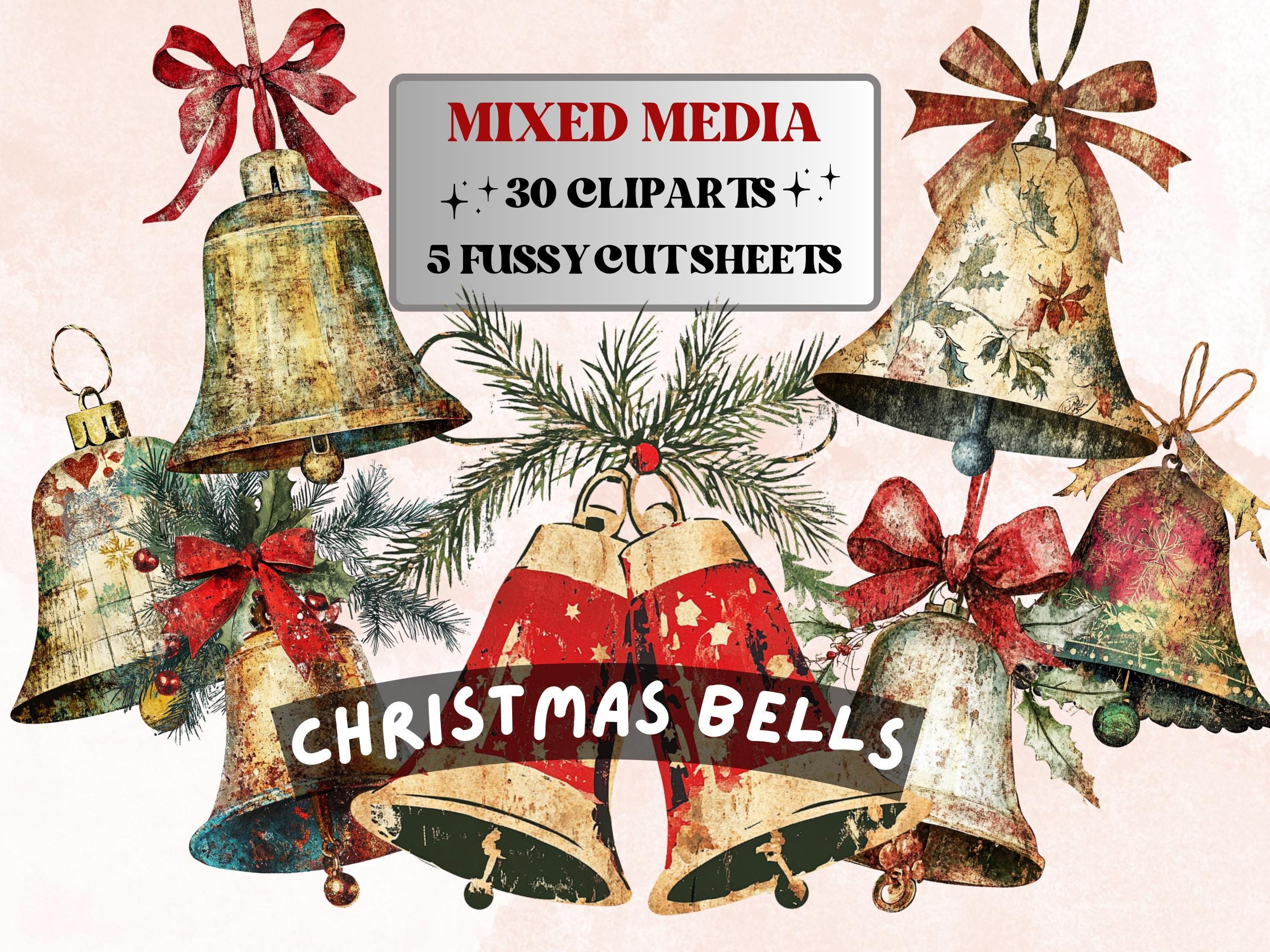Christmas Bells Mixed Media Clipart, Retro Xmas Bells Fussy Cut Collage Sheet, Ornaments Cut Out Ephemera, PNG + JPG for Scrapbooking