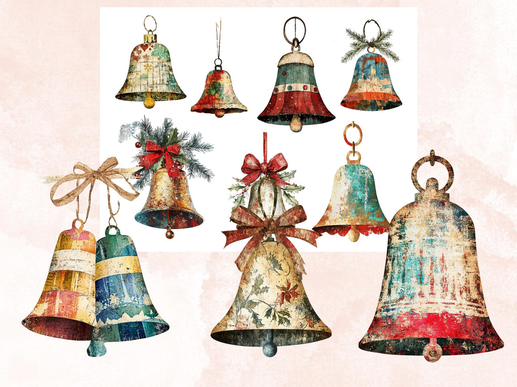 Christmas Bells Mixed Media Clipart, Retro Xmas Bells Fussy Cut Collage Sheet, Ornaments Cut Out Ephemera, PNG + JPG for Scrapbooking