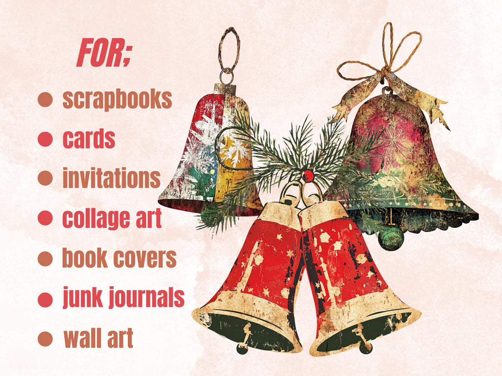Christmas Bells Mixed Media Clipart, Retro Xmas Bells Fussy Cut Collage Sheet, Ornaments Cut Out Ephemera, PNG + JPG for Scrapbooking