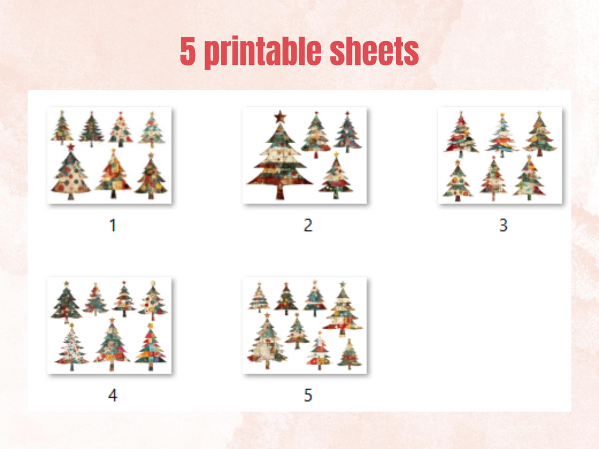 Christmas Tree Mixed Media Clipart, Retro Xmas Holiday Tree Fussy Cut Collage Sheet, Ornaments Cut Out Ephemera, PNG + JPG for Scrapbooking