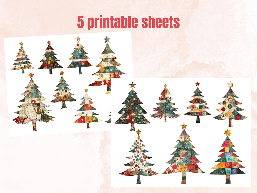 Christmas Tree Mixed Media Clipart, Retro Xmas Holiday Tree Fussy Cut Collage Sheet, Ornaments Cut Out Ephemera, PNG + JPG for Scrapbooking