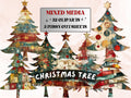 Christmas Tree Mixed Media Clipart, Retro Xmas Holiday Tree Fussy Cut Collage Sheet, Ornaments Cut Out Ephemera, PNG + JPG for Scrapbooking