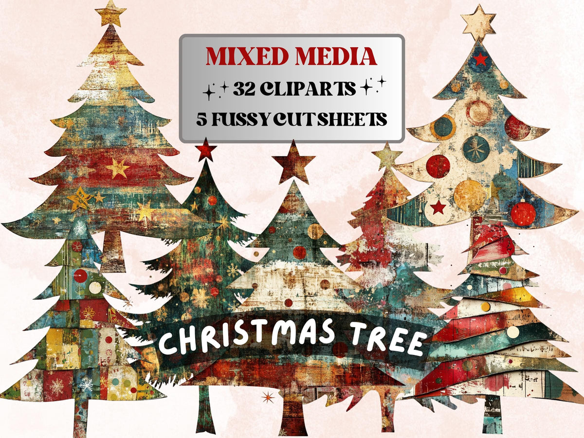 Christmas Tree Mixed Media Clipart, Retro Xmas Holiday Tree Fussy Cut Collage Sheet, Ornaments Cut Out Ephemera, PNG + JPG for Scrapbooking