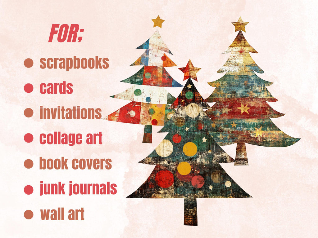 Christmas Tree Mixed Media Clipart, Retro Xmas Holiday Tree Fussy Cut Collage Sheet, Ornaments Cut Out Ephemera, PNG + JPG for Scrapbooking