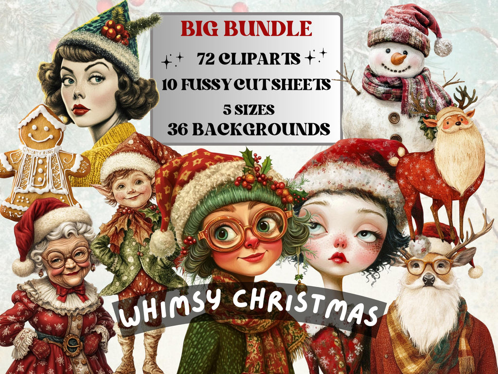 Whimsy Christmas Collage Elements Bundle, Quirky Christmas Fussy Cut, Xmas Characters Clipart, Whimsical Junk Journal, Xmas Scrapbooking Set