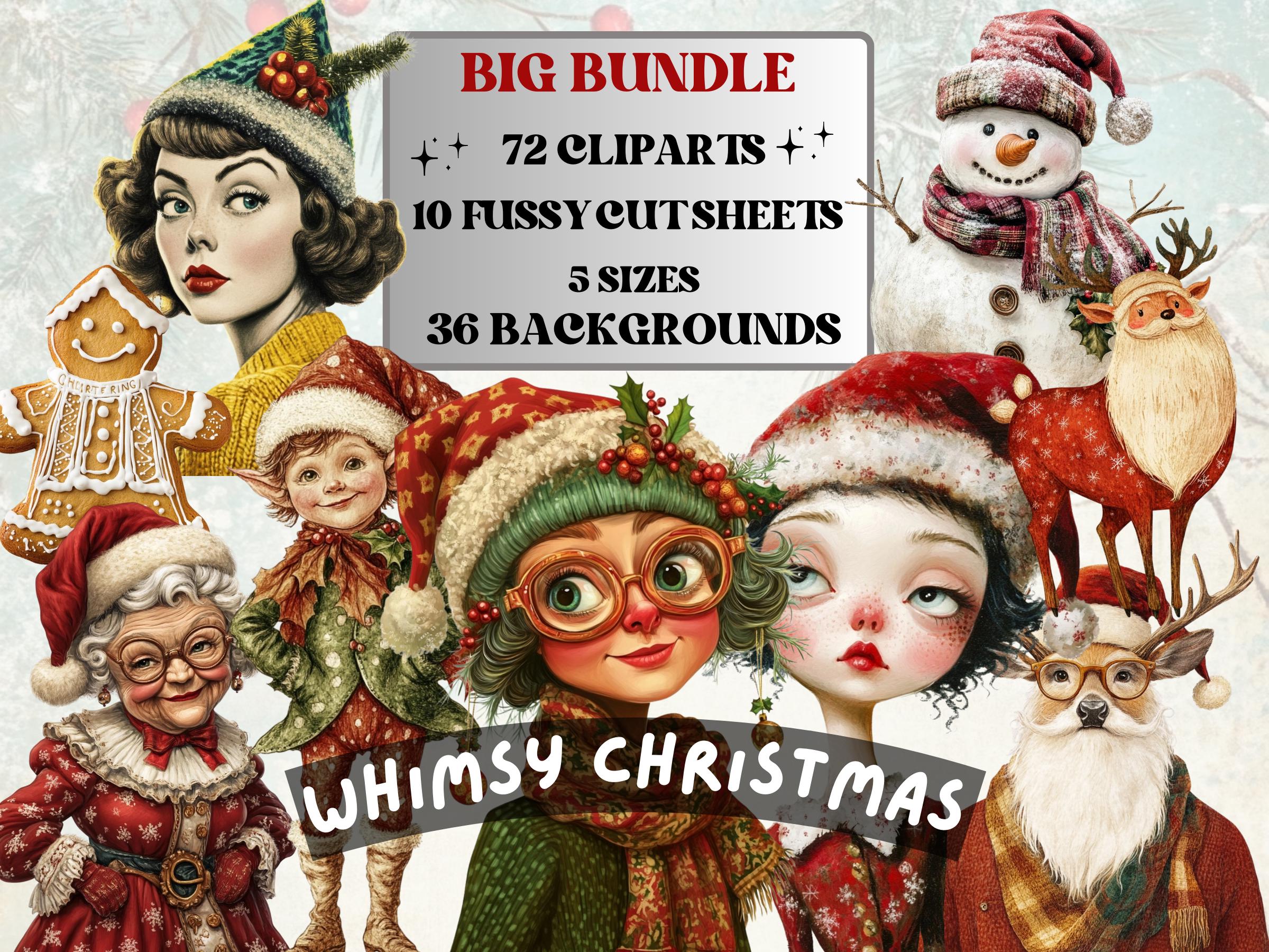 Whimsy Christmas Collage Elements Bundle, Quirky Christmas Fussy Cut, Xmas Characters Clipart, Whimsical Junk Journal, Xmas Scrapbooking Set