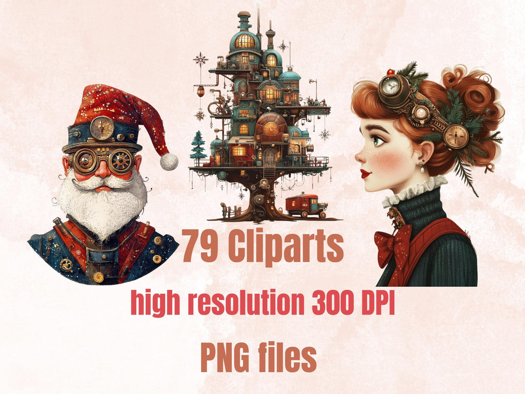 Steampunk Christmas Collage Elements Bundle, Industrial Christmas Fussy Cut, Xmas Characters Clipart, Quirky Junk Journal, Xmas Scrapbooking