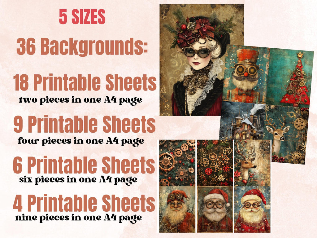 Steampunk Christmas Collage Elements Bundle, Industrial Christmas Fussy Cut, Xmas Characters Clipart, Quirky Junk Journal, Xmas Scrapbooking