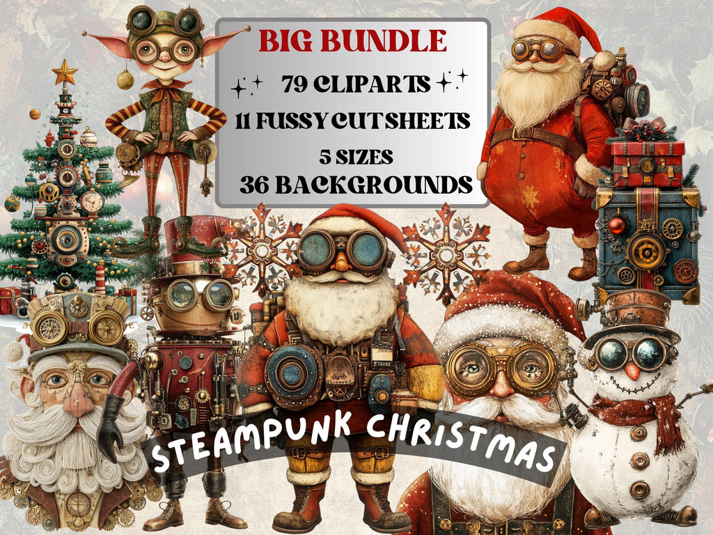 Steampunk Christmas Collage Elements Bundle, Industrial Christmas Fussy Cut, Xmas Characters Clipart, Quirky Junk Journal, Xmas Scrapbooking