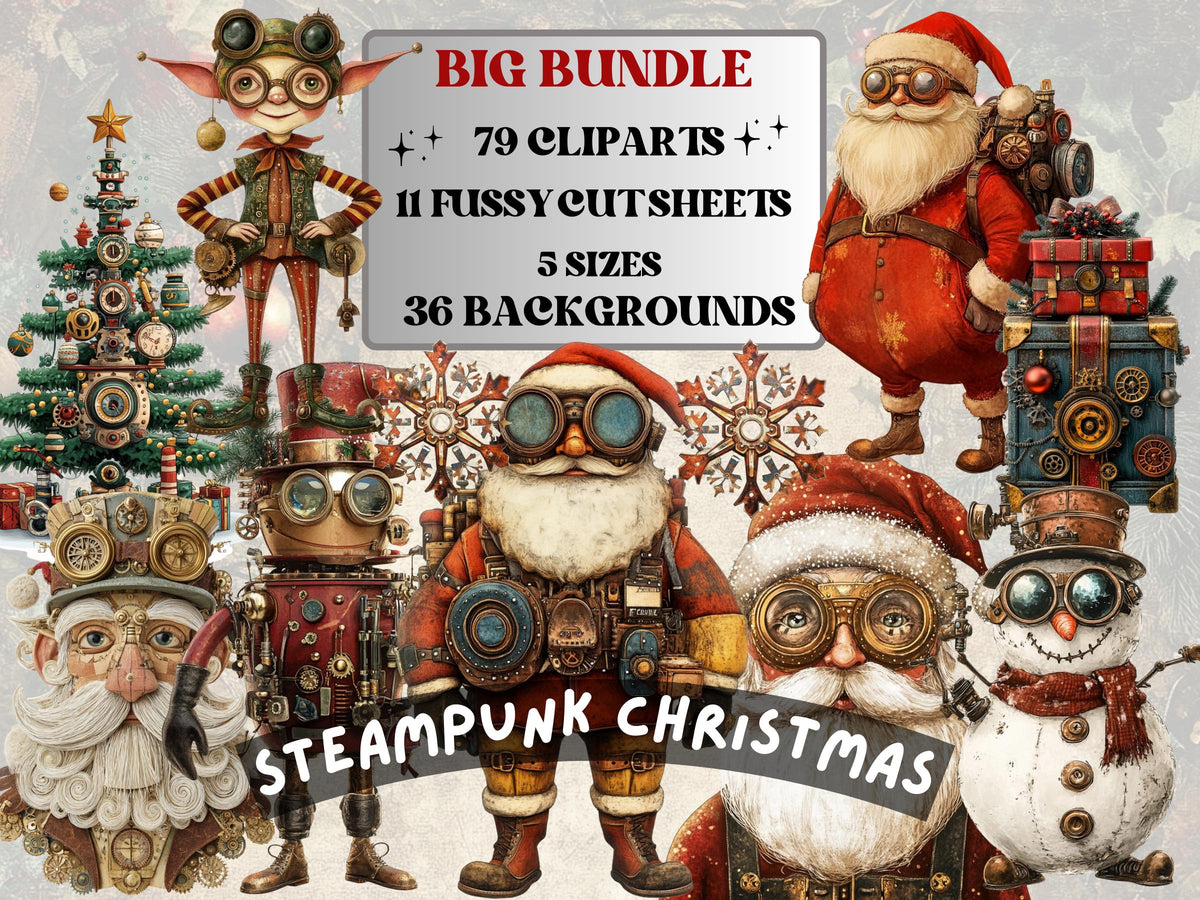 Steampunk Christmas Collage Elements Bundle, Industrial Christmas Fussy Cut, Xmas Characters Clipart, Quirky Junk Journal, Xmas Scrapbooking