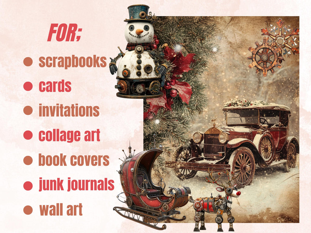 Steampunk Christmas Collage Elements Bundle, Industrial Christmas Fussy Cut, Xmas Characters Clipart, Quirky Junk Journal, Xmas Scrapbooking