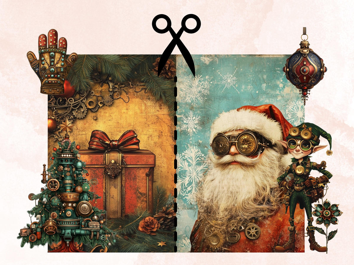 Steampunk Christmas Collage Elements Bundle, Industrial Christmas Fussy Cut, Xmas Characters Clipart, Quirky Junk Journal, Xmas Scrapbooking