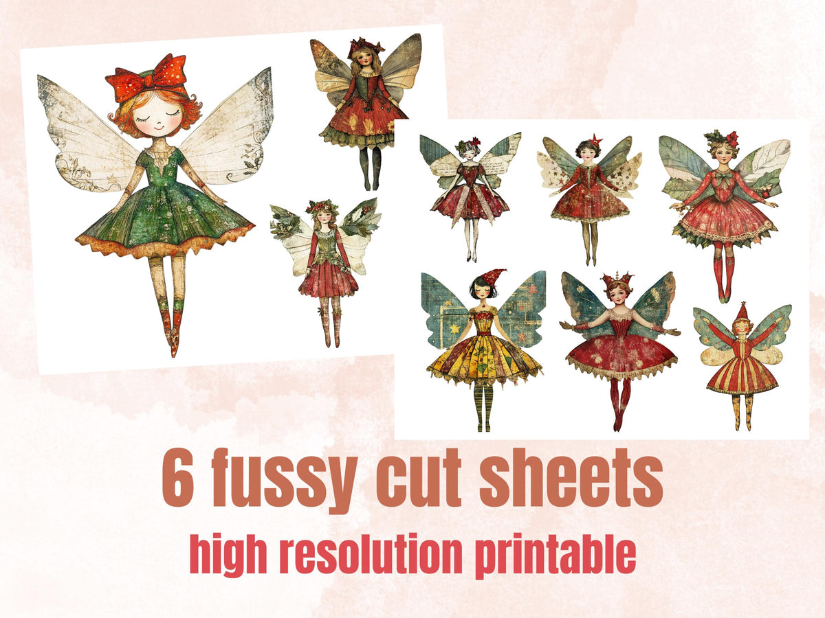 Christmas Fairy Doll Mixed Media Clipart, Whimsy Fairy Girl Fussy Cut Collage Sheet, Quirky Cut Out Ephemera, PNG + JPG for Scrapbooking