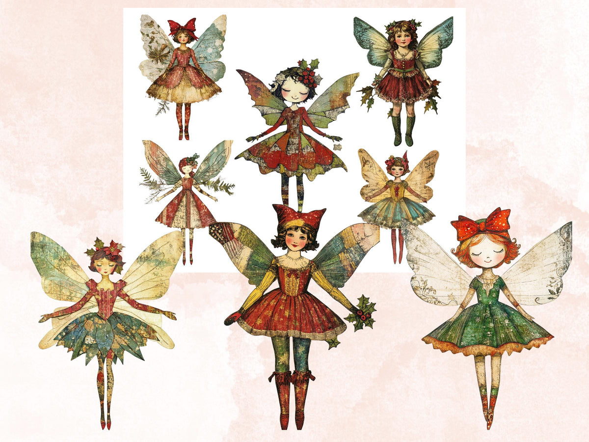 Christmas Fairy Doll Mixed Media Clipart, Whimsy Fairy Girl Fussy Cut Collage Sheet, Quirky Cut Out Ephemera, PNG + JPG for Scrapbooking