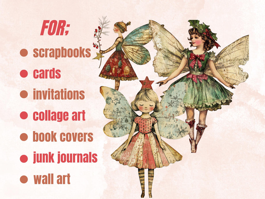 Christmas Fairy Doll Mixed Media Clipart, Whimsy Fairy Girl Fussy Cut Collage Sheet, Quirky Cut Out Ephemera, PNG + JPG for Scrapbooking