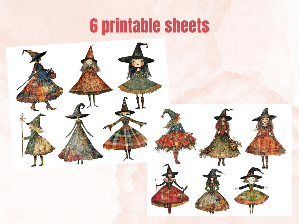 Christmas Witch Doll Mixed Media Clipart, Whimsy Witch Fussy Cut Collage Sheet, Quirky Xmas Cut Out Ephemera, PNG + JPG for Scrapbooking