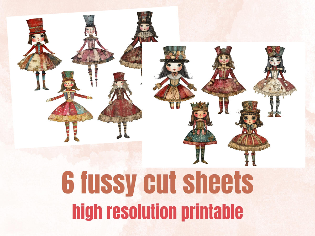 Christmas Nutcracker Doll Mixed Media Clipart, Whimsy Nutcracker Girl Fussy Cut Sheet, Quirky Cut Out Ephemera, PNG + JPG for Scrapbooking