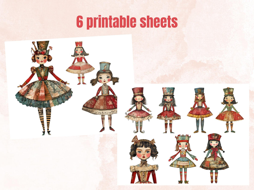 Christmas Nutcracker Doll Mixed Media Clipart, Whimsy Nutcracker Girl Fussy Cut Sheet, Quirky Cut Out Ephemera, PNG + JPG for Scrapbooking