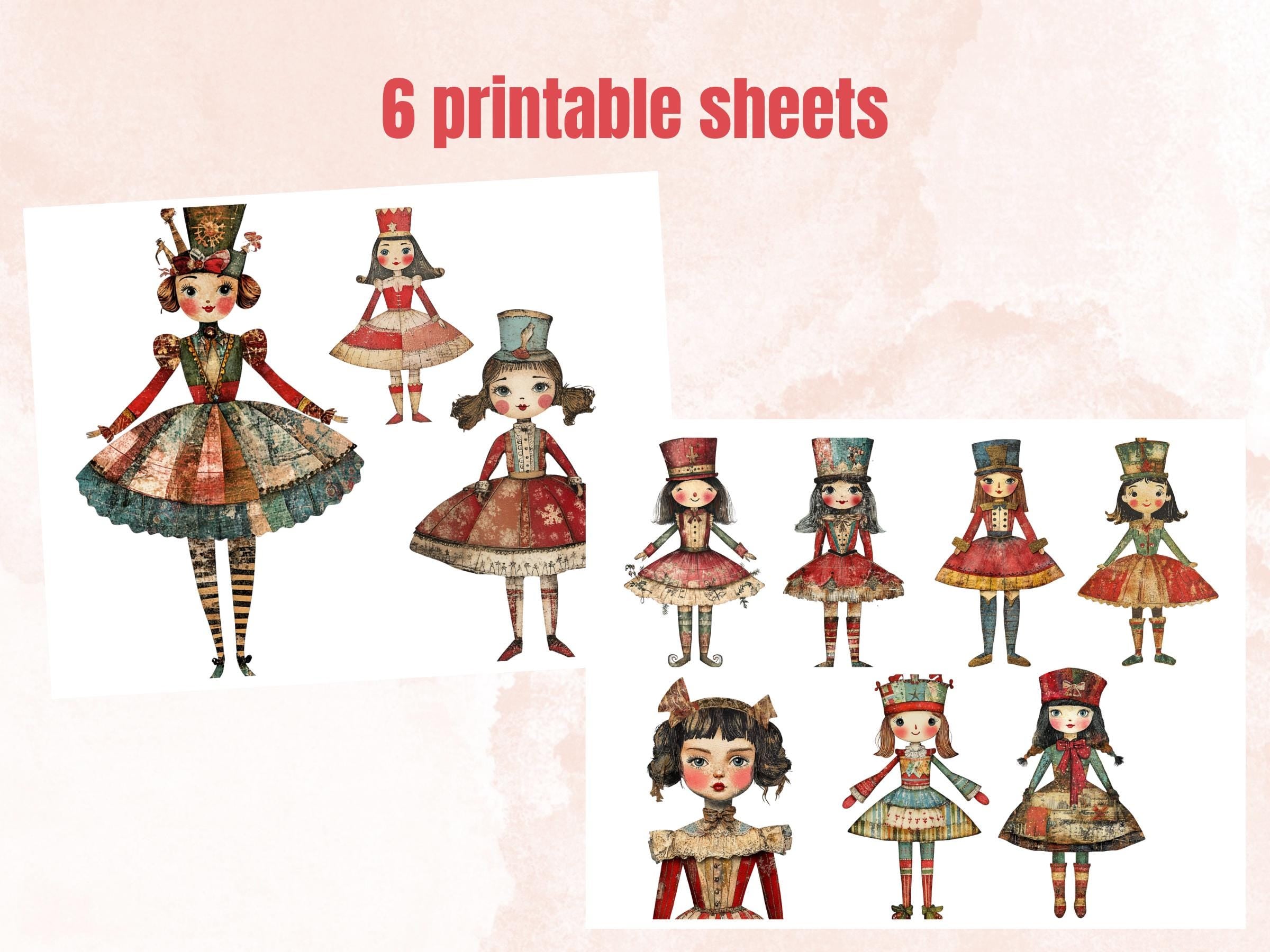 Christmas Nutcracker Doll Mixed Media Clipart, Whimsy Nutcracker Girl Fussy Cut Sheet, Quirky Cut Out Ephemera, PNG + JPG for Scrapbooking