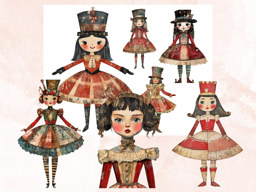 Christmas Nutcracker Doll Mixed Media Clipart, Whimsy Nutcracker Girl Fussy Cut Sheet, Quirky Cut Out Ephemera, PNG + JPG for Scrapbooking