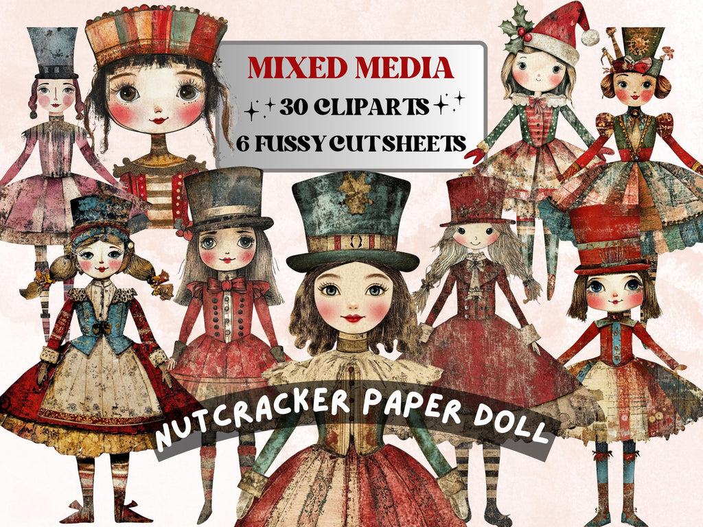 Christmas Nutcracker Doll Mixed Media Clipart, Whimsy Nutcracker Girl Fussy Cut Sheet, Quirky Cut Out Ephemera, PNG + JPG for Scrapbooking