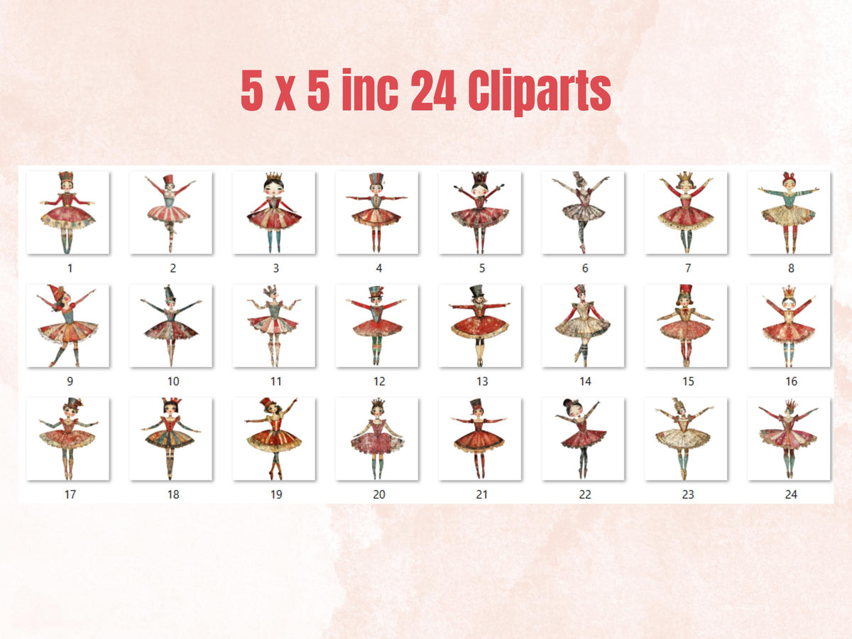 Nutcracker Ballerina Mixed Media Clipart, Whimsy Nutcracker Girl Fussy Cut Sheet, Quirky Xmas Cut Out Ephemera, PNG + JPG for Scrapbooking