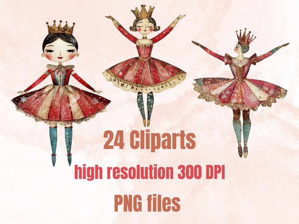 Nutcracker Ballerina Mixed Media Clipart, Whimsy Nutcracker Girl Fussy Cut Sheet, Quirky Xmas Cut Out Ephemera, PNG + JPG for Scrapbooking