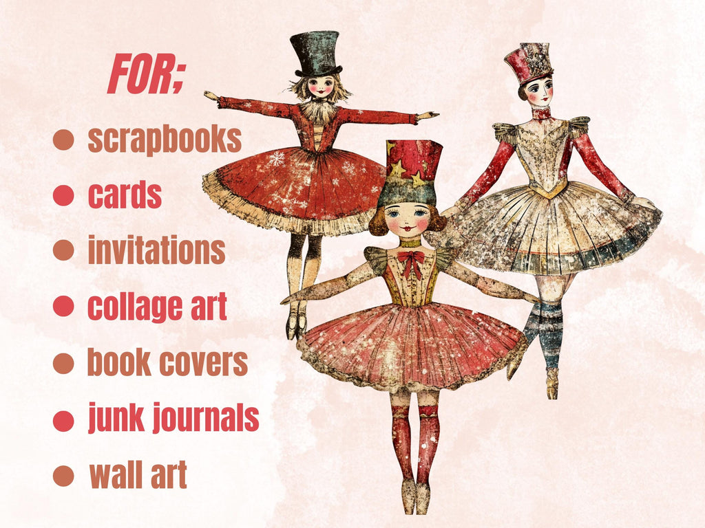 Nutcracker Ballerina Mixed Media Clipart, Whimsy Nutcracker Girl Fussy Cut Sheet, Quirky Xmas Cut Out Ephemera, PNG + JPG for Scrapbooking
