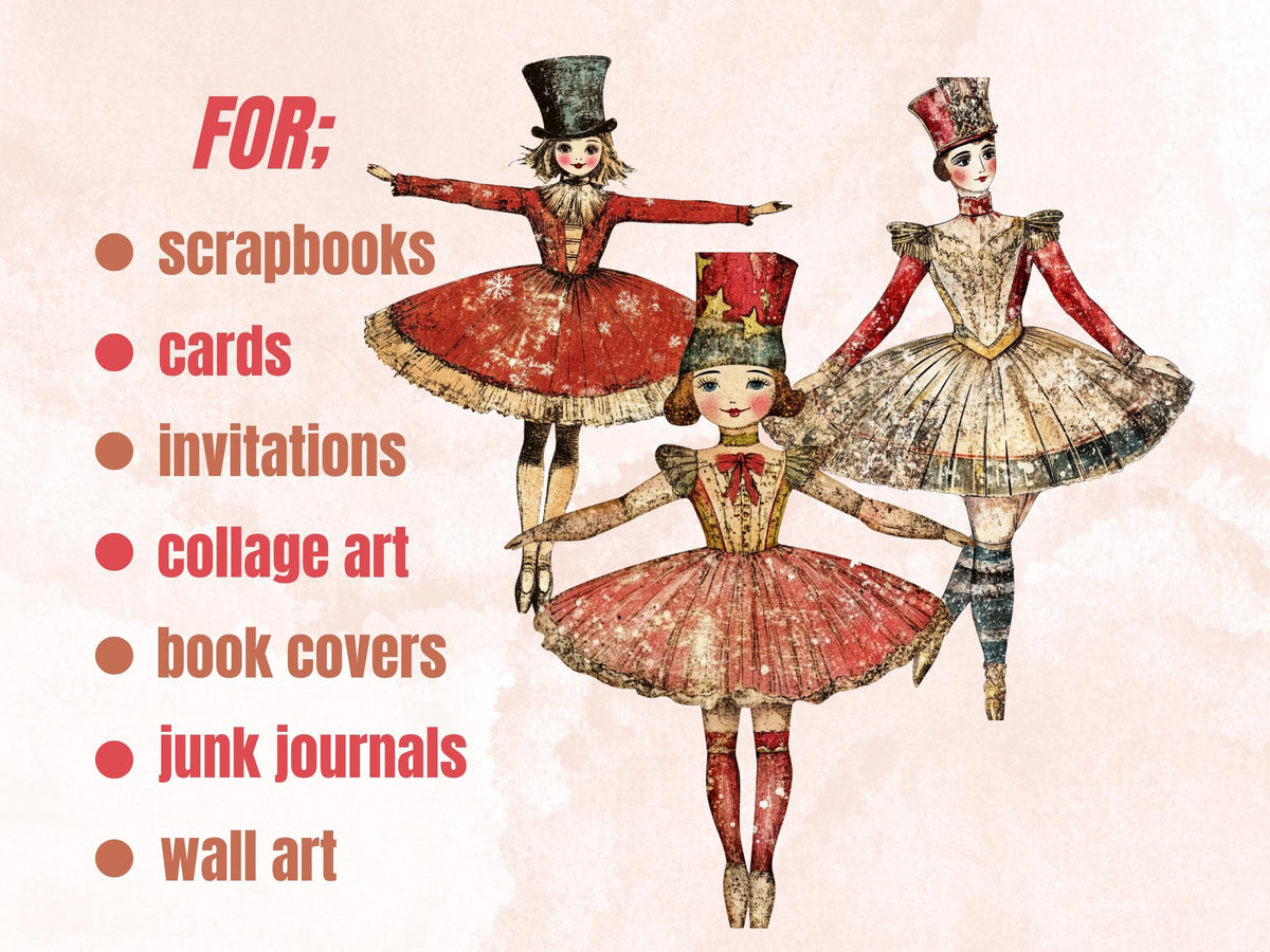 Nutcracker Ballerina Mixed Media Clipart, Whimsy Nutcracker Girl Fussy Cut Sheet, Quirky Xmas Cut Out Ephemera, PNG + JPG for Scrapbooking