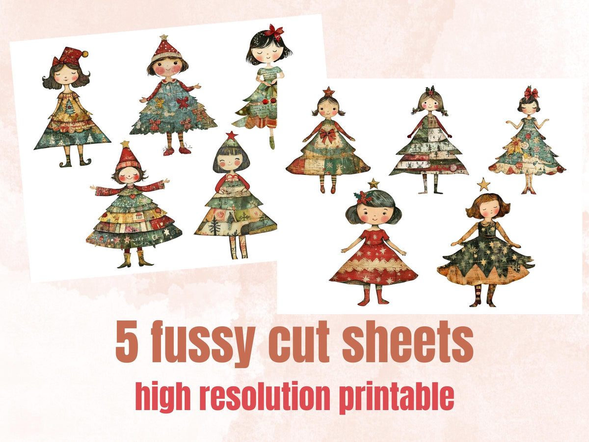 Christmas Tree Doll Mixed Media Clipart, Whimsy Xmas Tree Girl Fussy Cut Collage Sheet, Quirky Cut Out Ephemera, PNG + JPG for Scrapbooking
