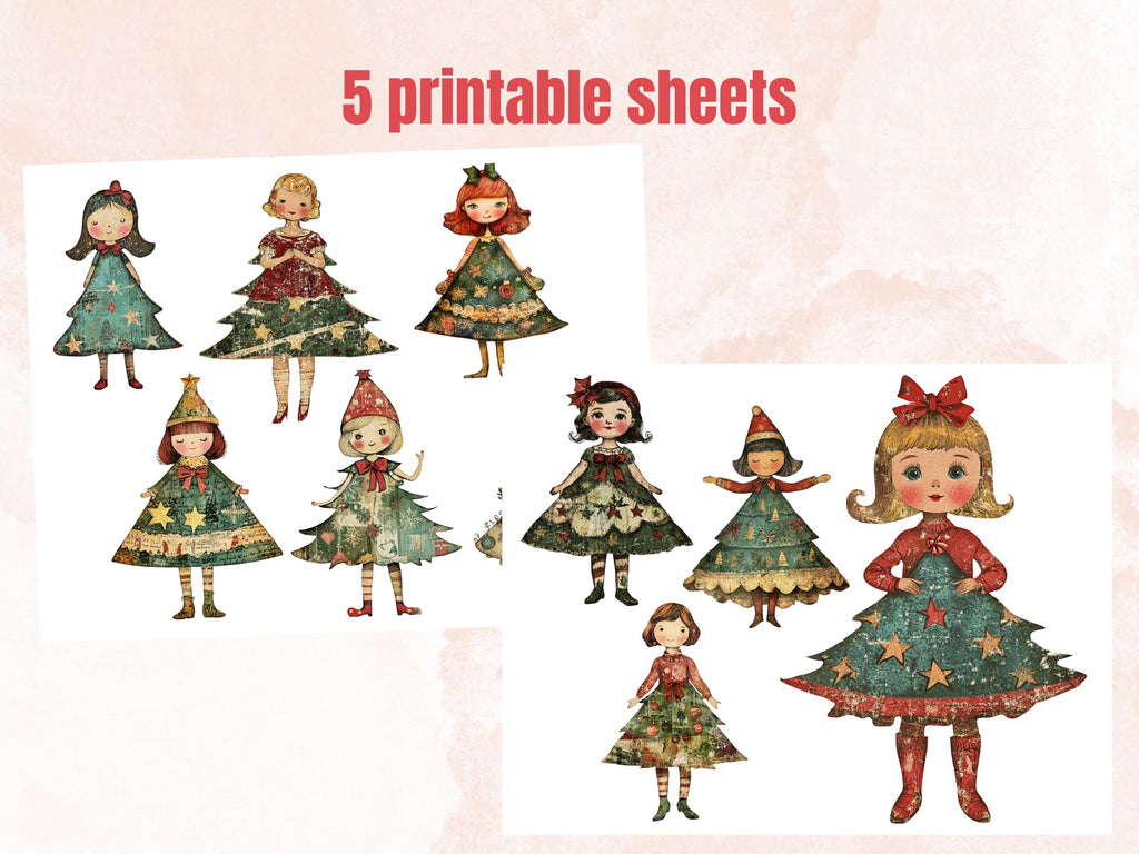 Christmas Tree Doll Mixed Media Clipart, Whimsy Xmas Tree Girl Fussy Cut Collage Sheet, Quirky Cut Out Ephemera, PNG + JPG for Scrapbooking