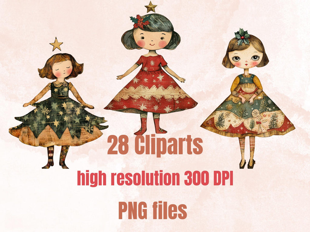 Christmas Tree Doll Mixed Media Clipart, Whimsy Xmas Tree Girl Fussy Cut Collage Sheet, Quirky Cut Out Ephemera, PNG + JPG for Scrapbooking